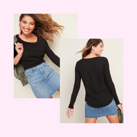 Old Navy Plush Rib-Knit Fitted Long Sleeve Tee, Black, Size L - Picture 4 of 4